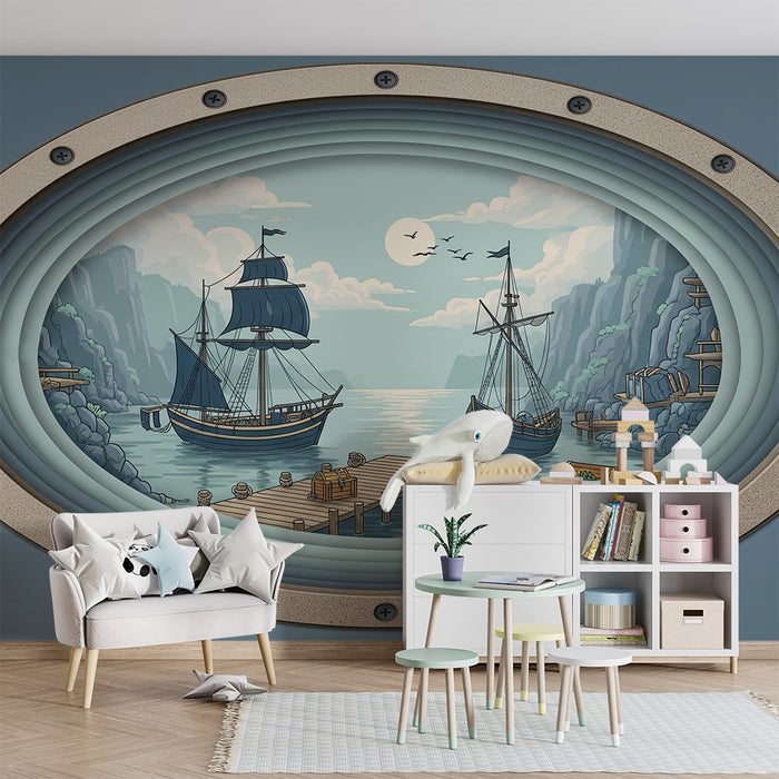 Papier peint chambre enfant | Aventure maritime avec voiliers et paysages côtiers