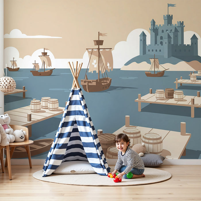Papier peint chambre enfant | Aventure maritime entre bateaux et château