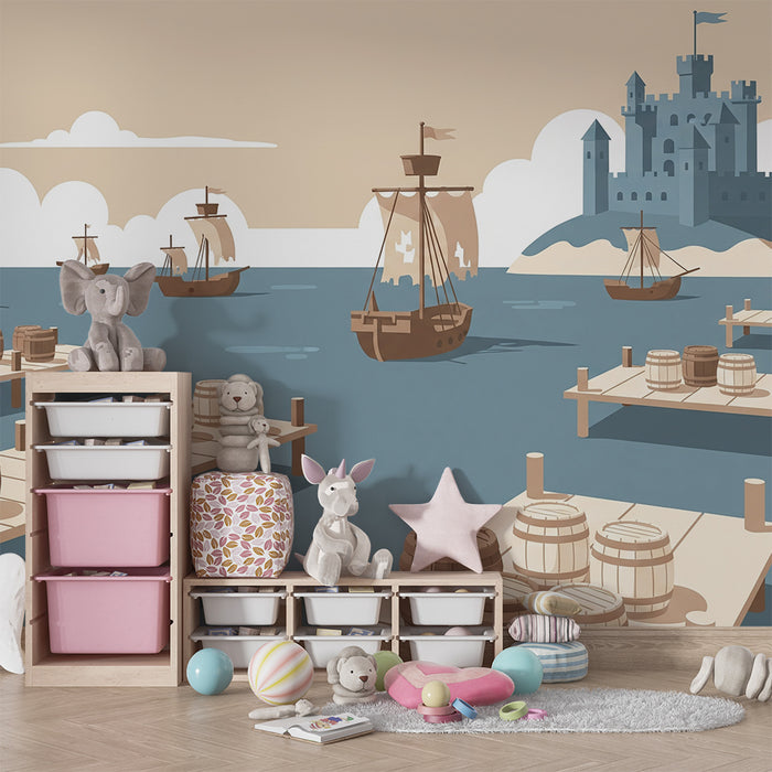 Papier peint chambre enfant | Aventure maritime entre bateaux et château