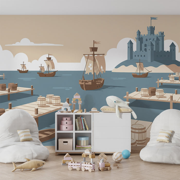 Papier peint chambre enfant | Aventure maritime entre bateaux et château