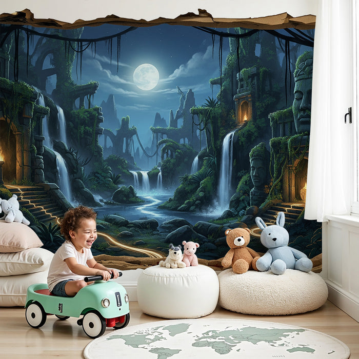 Papier peint chambre enfant | Aventure mystique dans une jungle ancienne avec cascades et statues