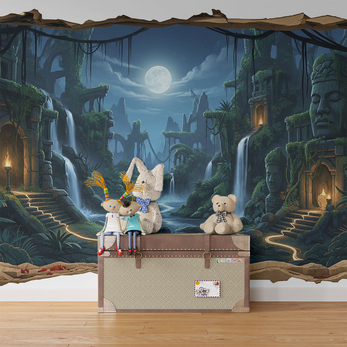 Papier peint chambre enfant | Aventure mystique dans une jungle ancienne avec cascades et statues