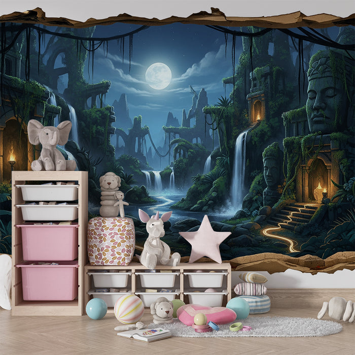 Papier peint chambre enfant | Aventure mystique dans une jungle ancienne avec cascades et statues