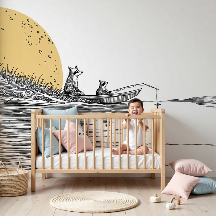 Papier peint chambre enfant | Aventure nocturne avec animaux en canoe