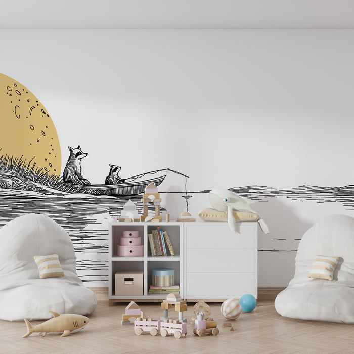 Papier peint chambre enfant | Aventure nocturne avec animaux en canoe