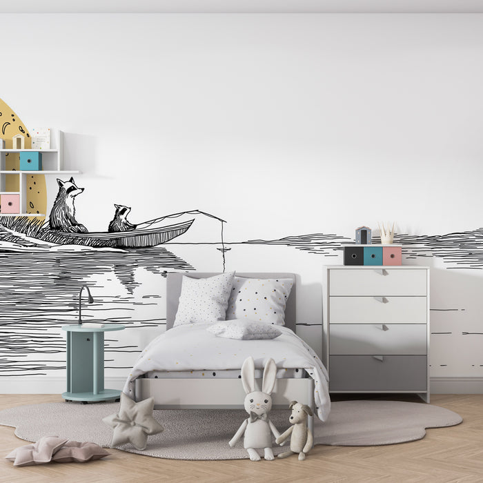 Papier peint chambre enfant | Aventure nocturne avec animaux en canoe