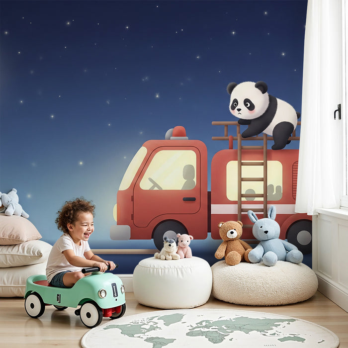 Carta da parati bambini | Avventura notturna con un panda e una volpe