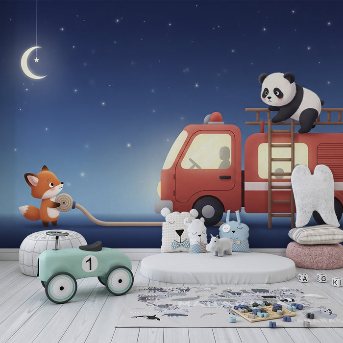 Carta da parati bambini | Avventura notturna con un panda e una volpe