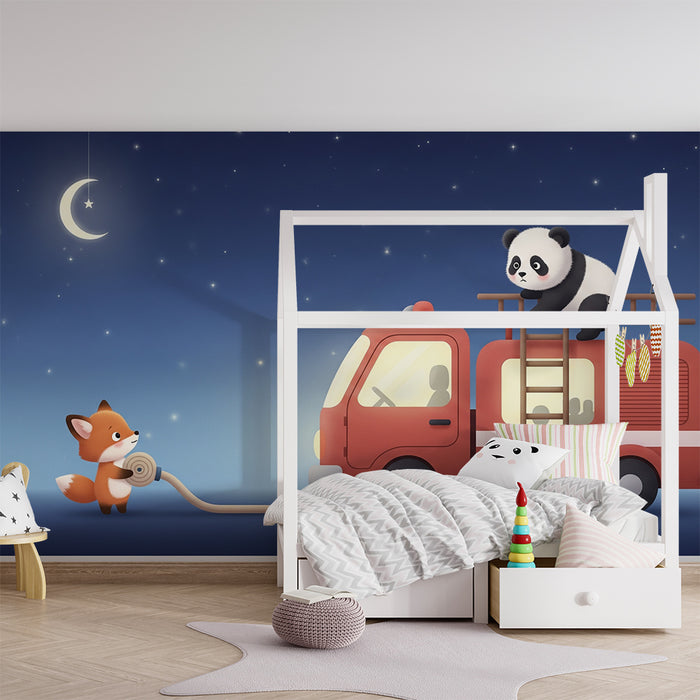 Carta da parati bambini | Avventura notturna con un panda e una volpe