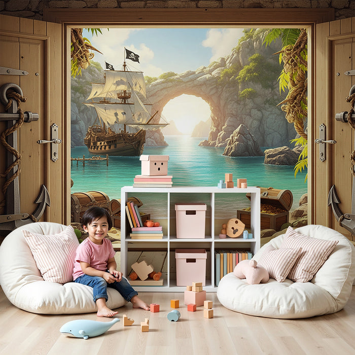 Papier peint chambre enfant | Aventure pirate avec bateau et trésors sur la plage
