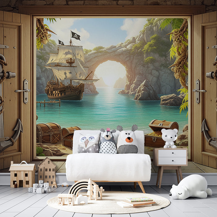 Papier peint chambre enfant | Aventure pirate avec bateau et trésors sur la plage