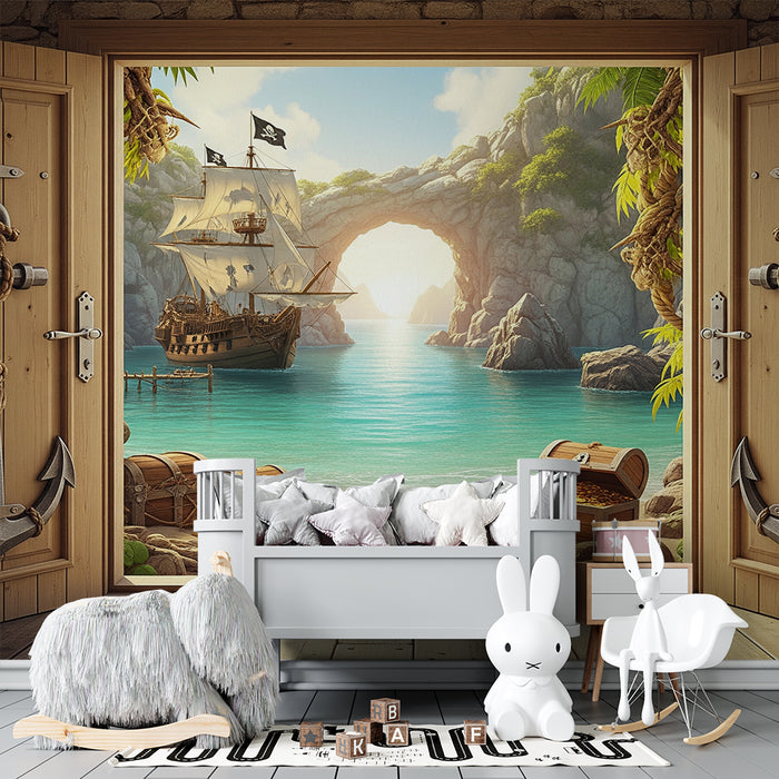 Papier peint chambre enfant | Aventure pirate avec bateau et trésors sur la plage