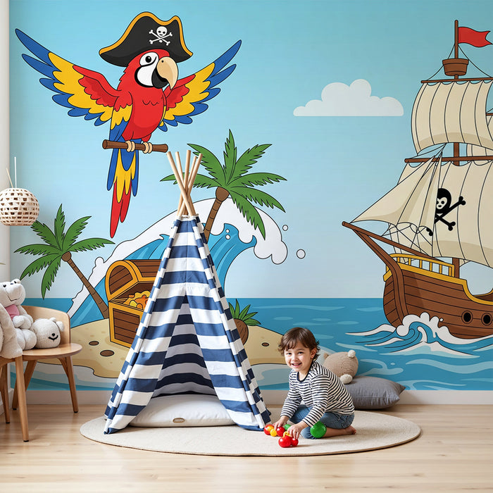 Papier peint chambre enfant | Aventure pirate avec perroquet et bateau