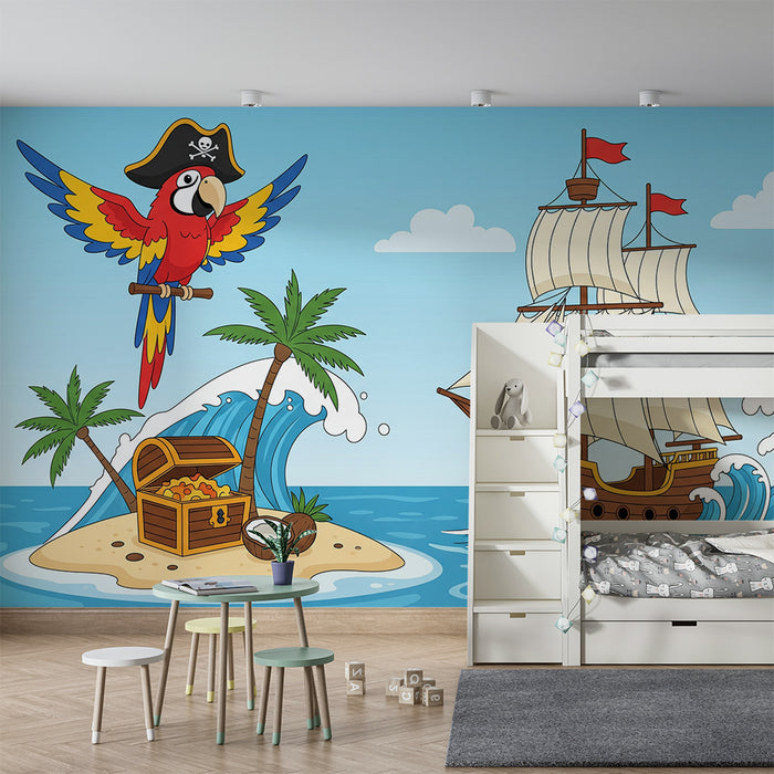 Papier peint chambre enfant | Aventure pirate avec perroquet et bateau