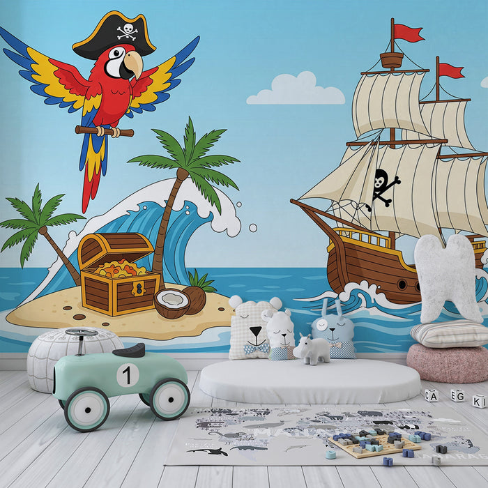 Papier peint chambre enfant | Aventure pirate avec perroquet et bateau