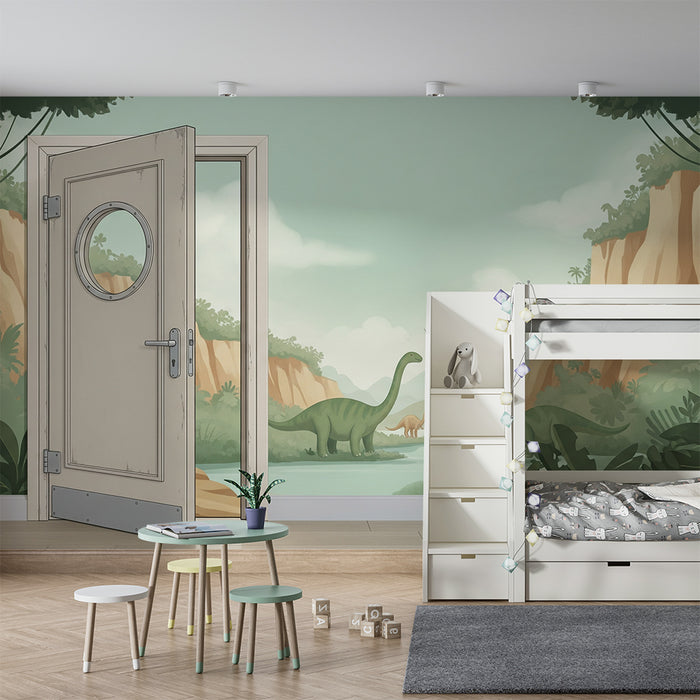 Behang kinderkamer | Prehistorisch avontuur met dinosaurussen in een groen landschap