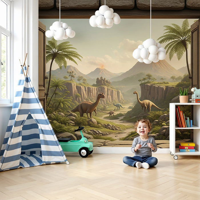 Papel de parede para quarto infantil | Aventura pré-histórica com dinossauros e paisagens vulcânicas