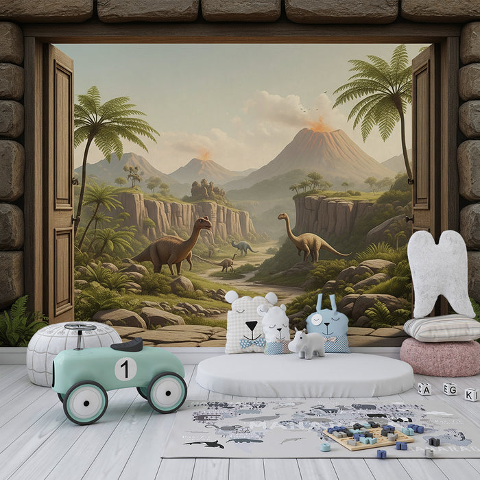 Papel de parede para quarto infantil | Aventura pré-histórica com dinossauros e paisagens vulcânicas