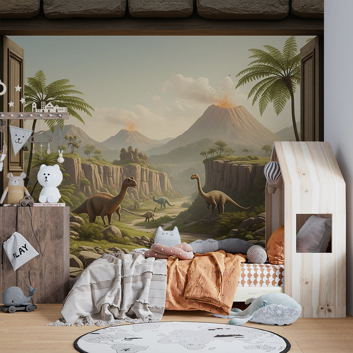 Papel de parede para quarto infantil | Aventura pré-histórica com dinossauros e paisagens vulcânicas