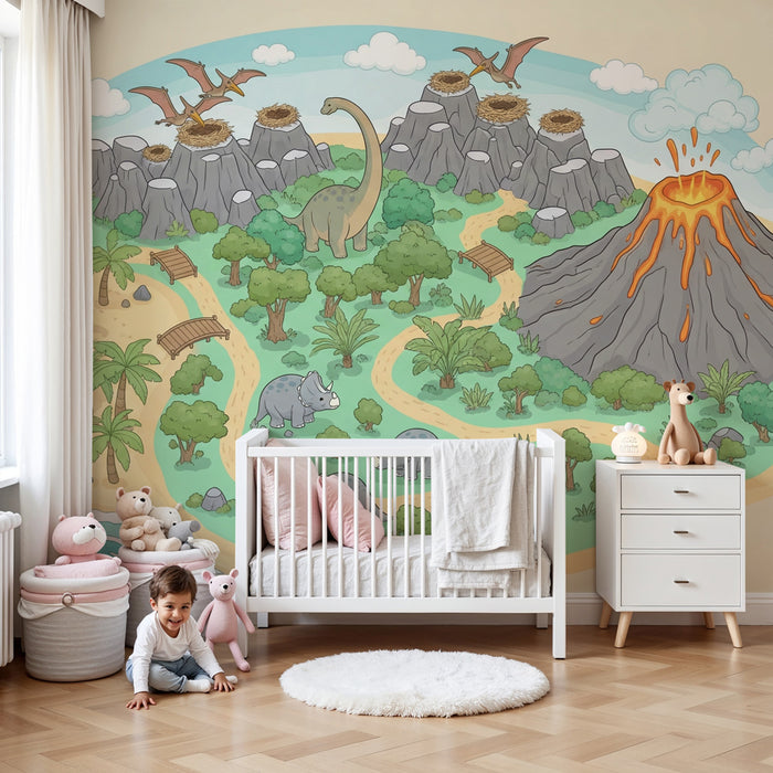 Kinderzimmer Tapete | Prähistorisches Abenteuer mit Dinosauriern auf einer Insel