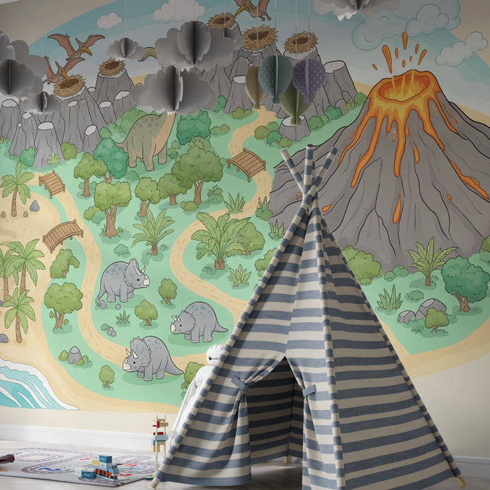 Kinderzimmer Tapete | Prähistorisches Abenteuer mit Dinosauriern auf einer Insel