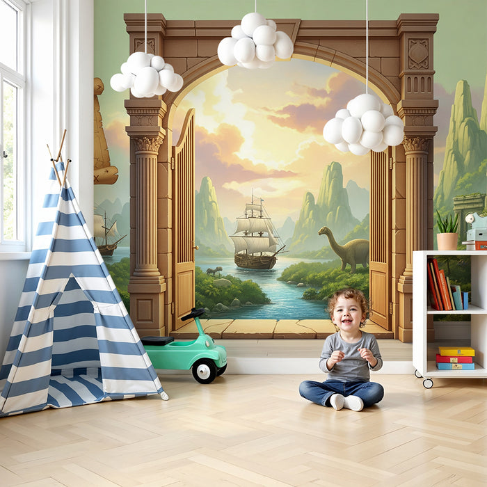 Papier peint chambre enfant | Aventure préhistorique avec dinosaures et navires
