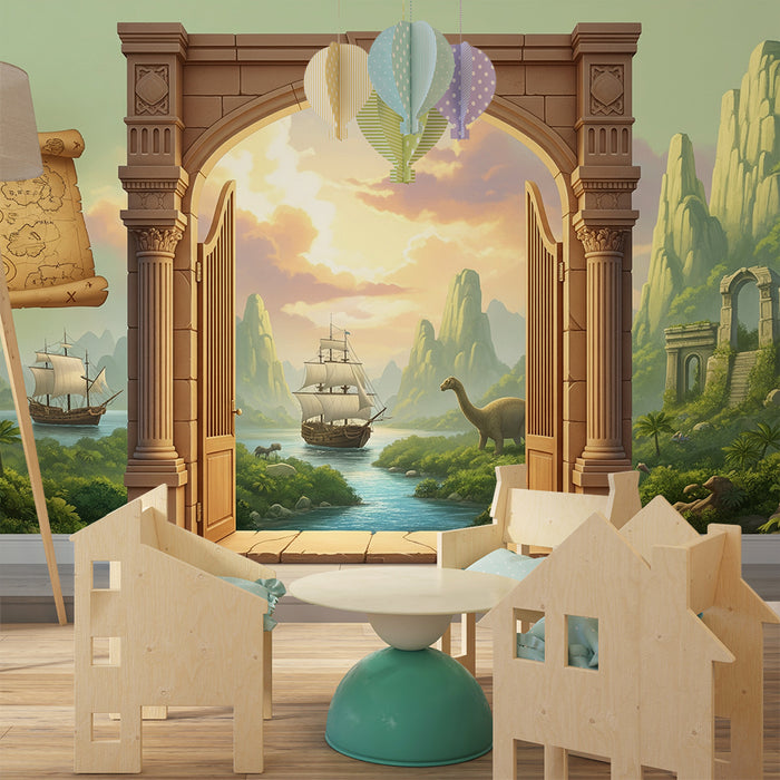 Papier peint chambre enfant | Aventure préhistorique avec dinosaures et navires