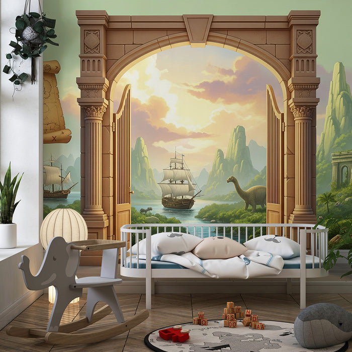 Papier peint chambre enfant | Aventure préhistorique avec dinosaures et navires