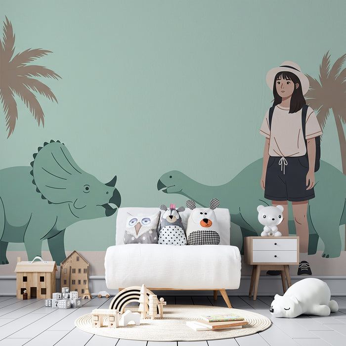 Gyermekszoba tapéta | Őskori kaland dinoszauruszokkal és pálmafákkal