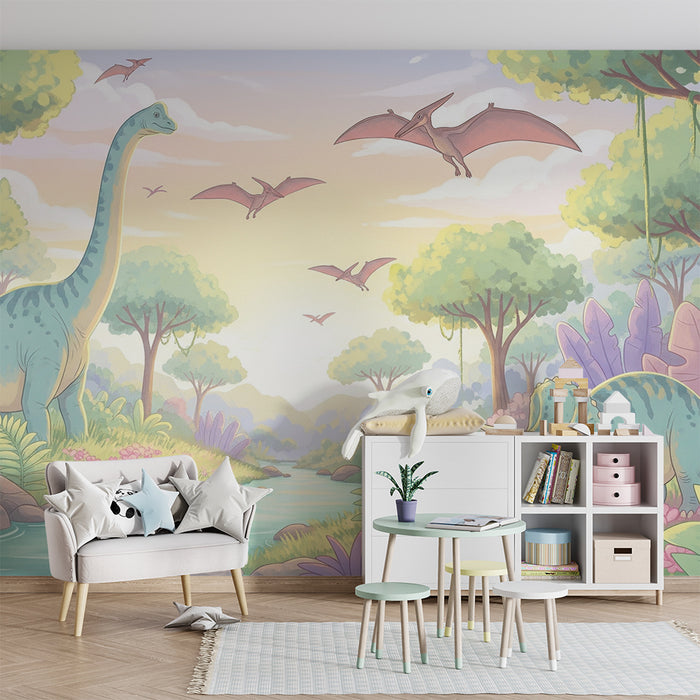 Papier de parede dječje sobe | Pustolovina s dinosaurima i bujnim krajolicima