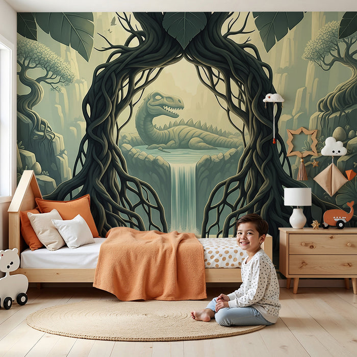 Papel de parede para quarto infantil | Aventura pré-histórica com um dinossauro e uma cascata