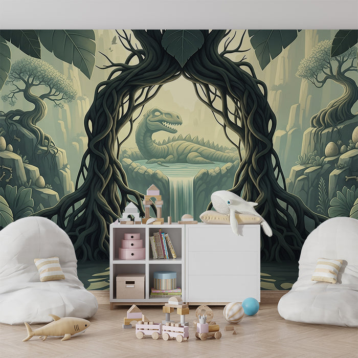 Papel de parede para quarto infantil | Aventura pré-histórica com um dinossauro e uma cascata