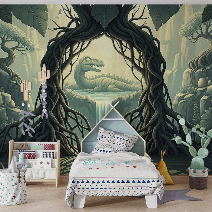 Papel de parede para quarto infantil | Aventura pré-histórica com um dinossauro e uma cascata