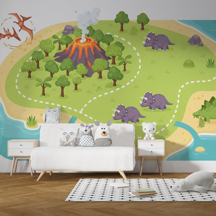 Kinderzimmer Tapete | Prähistorisches Abenteuer auf einer Insel mit Dinosauriern