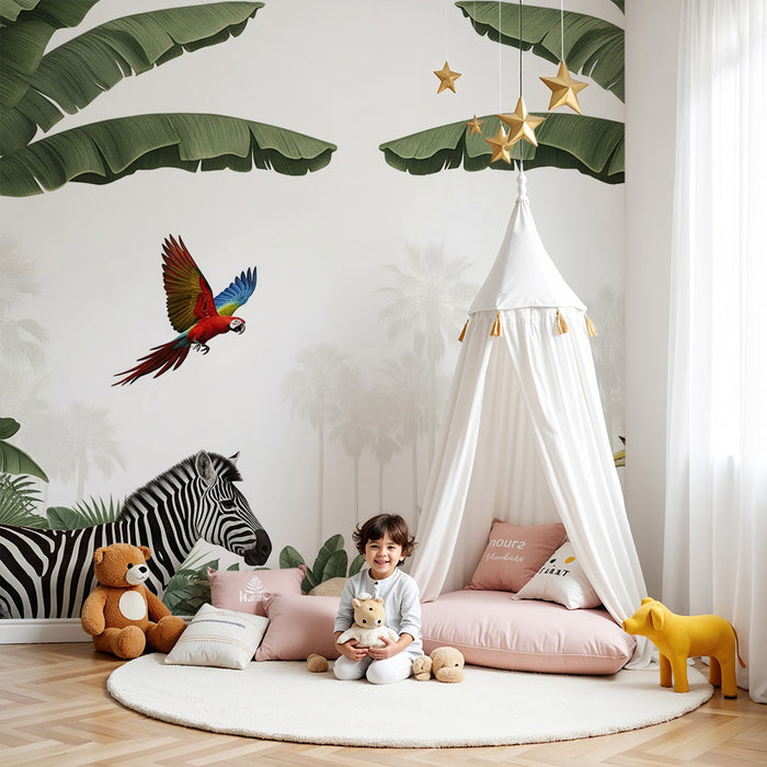 Kinderkamer behang | Wilde avontuur met jungle dieren en weelderig gebladerte