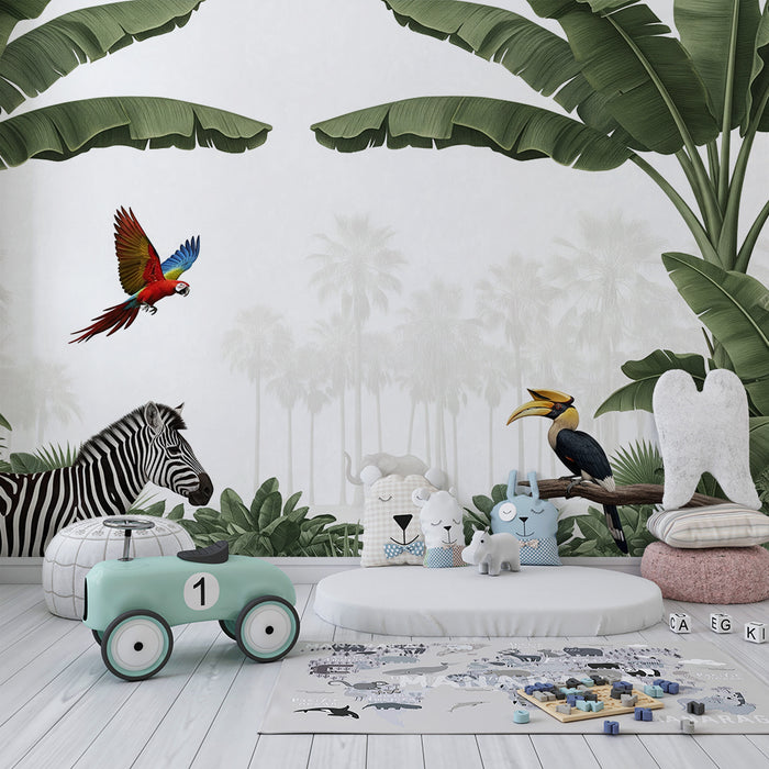 Kinderkamer behang | Wilde avontuur met jungle dieren en weelderig gebladerte