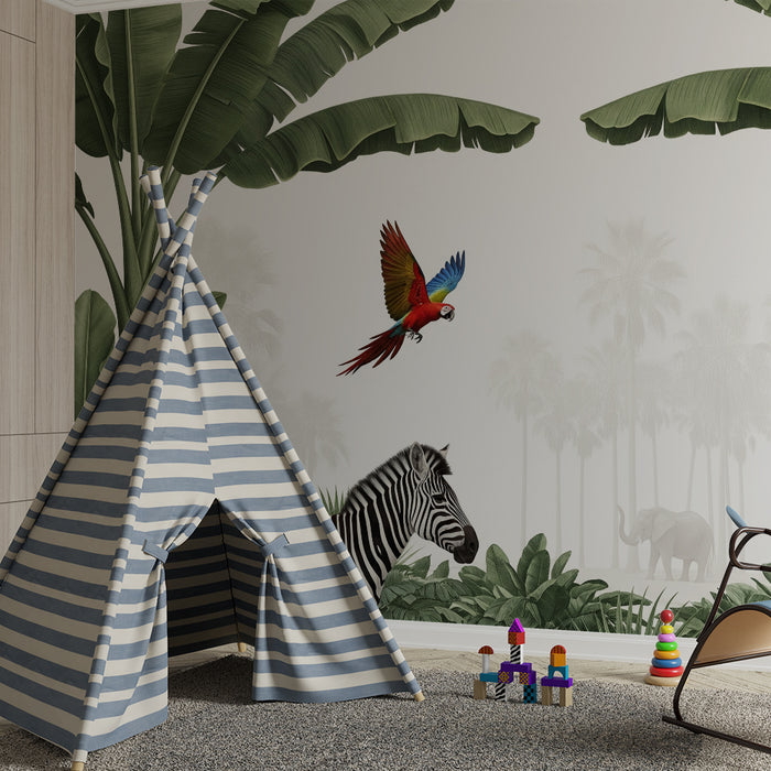Kinderkamer behang | Wilde avontuur met jungle dieren en weelderig gebladerte