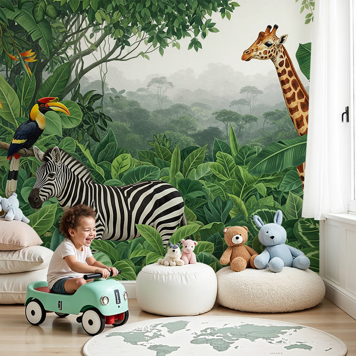 Papel de parede criança | Aventura selvagem com girafas, zebras e papagaios na selva