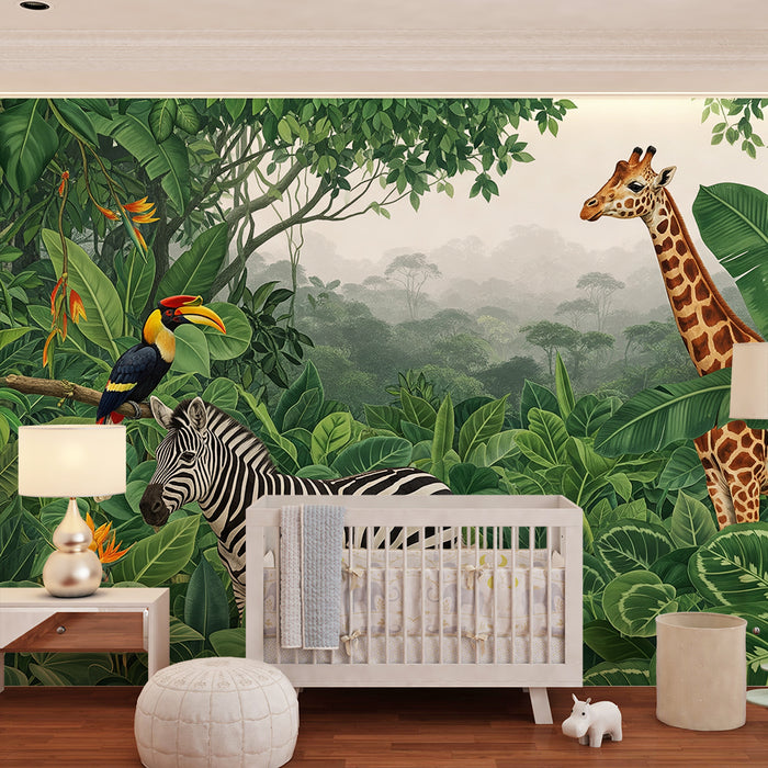 Papel de parede criança | Aventura selvagem com girafas, zebras e papagaios na selva