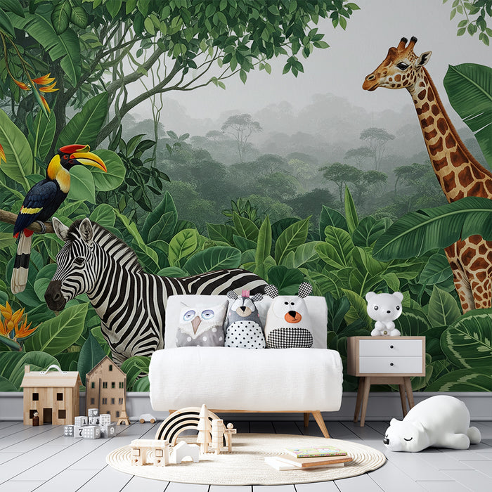 Papel de parede criança | Aventura selvagem com girafas, zebras e papagaios na selva