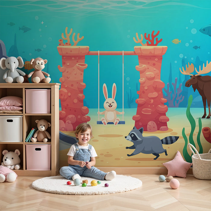 Papel de parede infantil | Aventura subaquática com animais divertidos