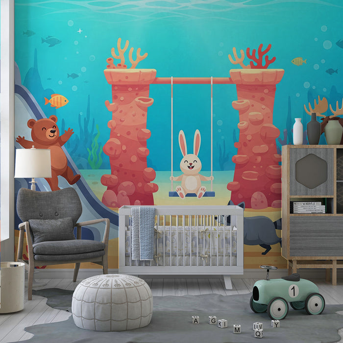 Papel de parede infantil | Aventura subaquática com animais divertidos