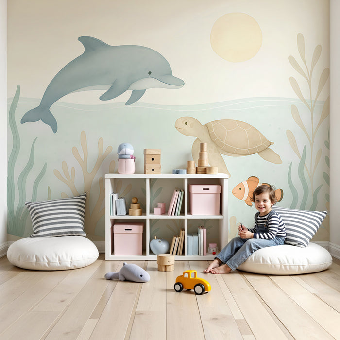 Kinderzimmer Tapete | Unterwasserabenteuer mit Delfin und Schildkröte