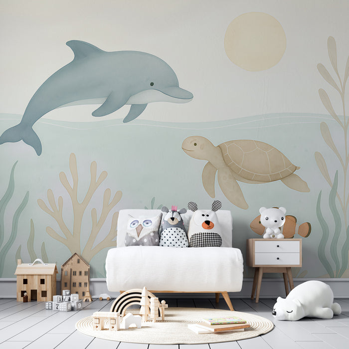 Kinderzimmer Tapete | Unterwasserabenteuer mit Delfin und Schildkröte