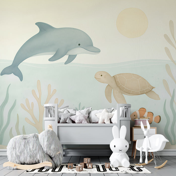 Kinderzimmer Tapete | Unterwasserabenteuer mit Delfin und Schildkröte