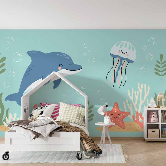 Papel de parede criança | Aventura submarina com golfinhos e criaturas marinhas