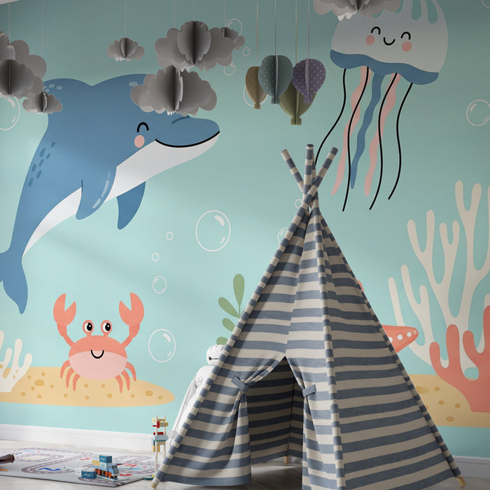 Papel de parede criança | Aventura submarina com golfinhos e criaturas marinhas