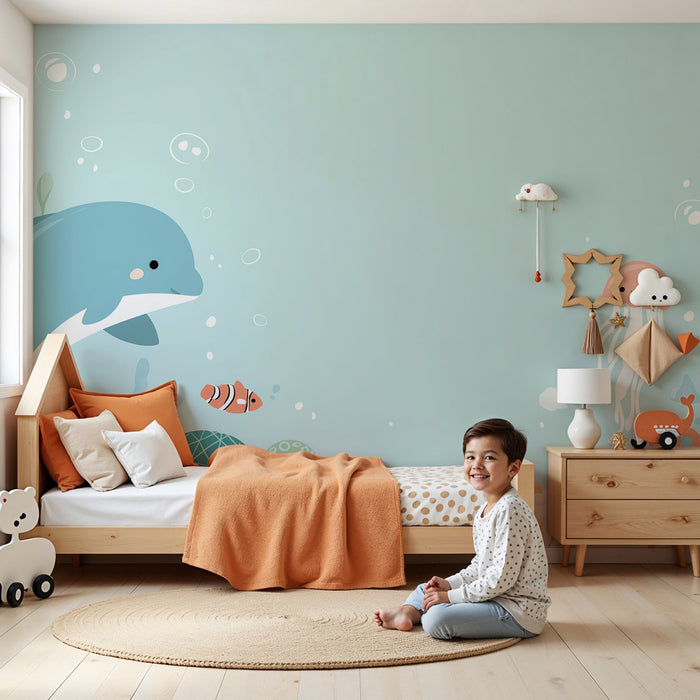Papel pintado infantil | Aventura submarina con delfines y tortugas