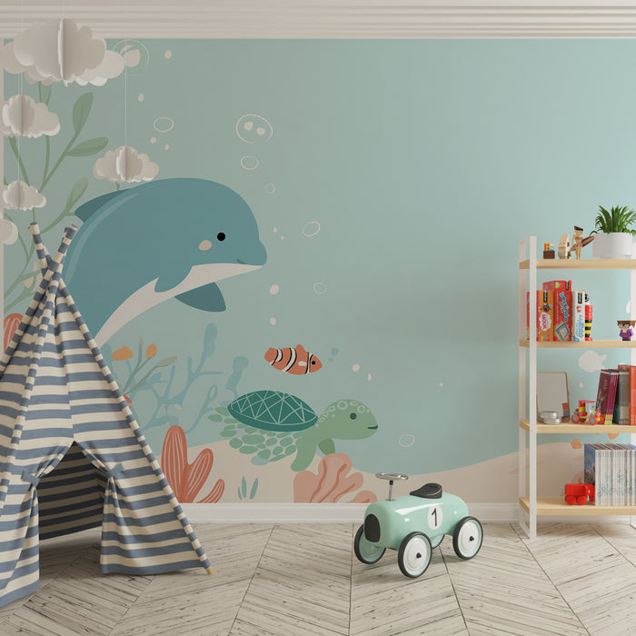 Papel pintado infantil | Aventura submarina con delfines y tortugas