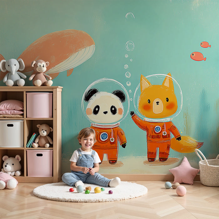 Børneværelses tapet | Havdybder med panda og astronaut-ræv